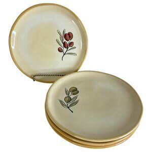 4 Pottery Barn Rustic Olive Salad Side Plates Complete Set Ceramic 8 Inch Cream